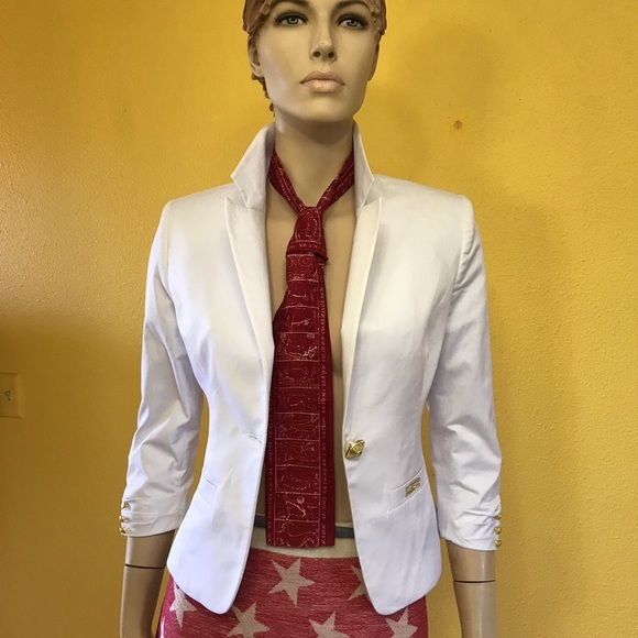 NWT WOMEN 3/4 SLEEVES BLAZER WHITE ELEGANT JACKET LINED GOLD-TONE HARDWARE‎ - Picture 3 of 8